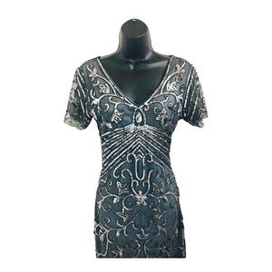 Unique Vintage gray silver beaded sequin v-neck fringe flapper dress sz Small